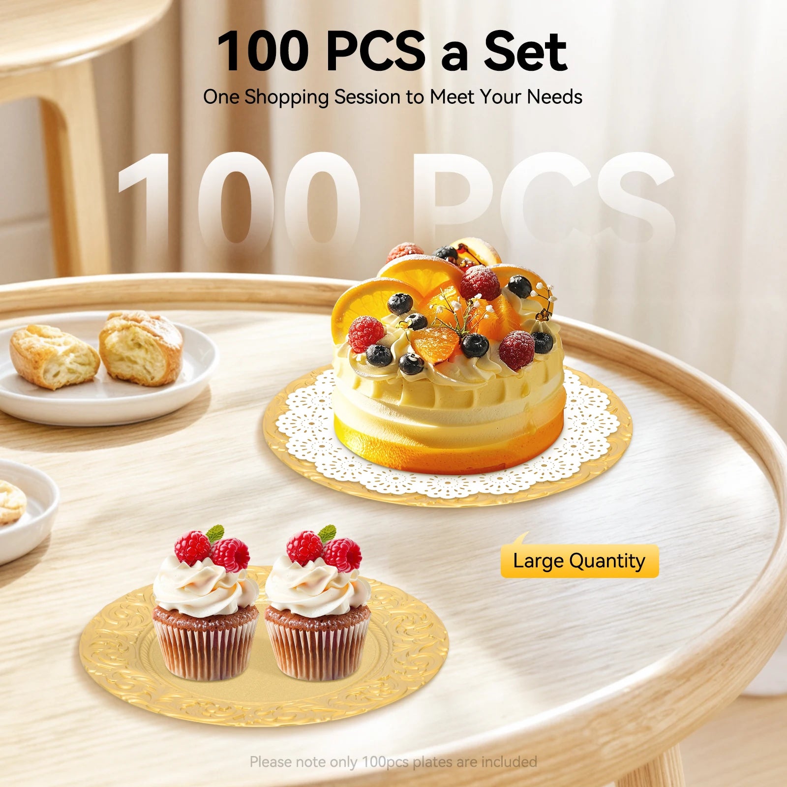 100-Piece Charger Plates Set, Gold Round Western Snack Platters with Patterns, Reusable Serving Plate for Birthday Parties, Holidays, Weddings