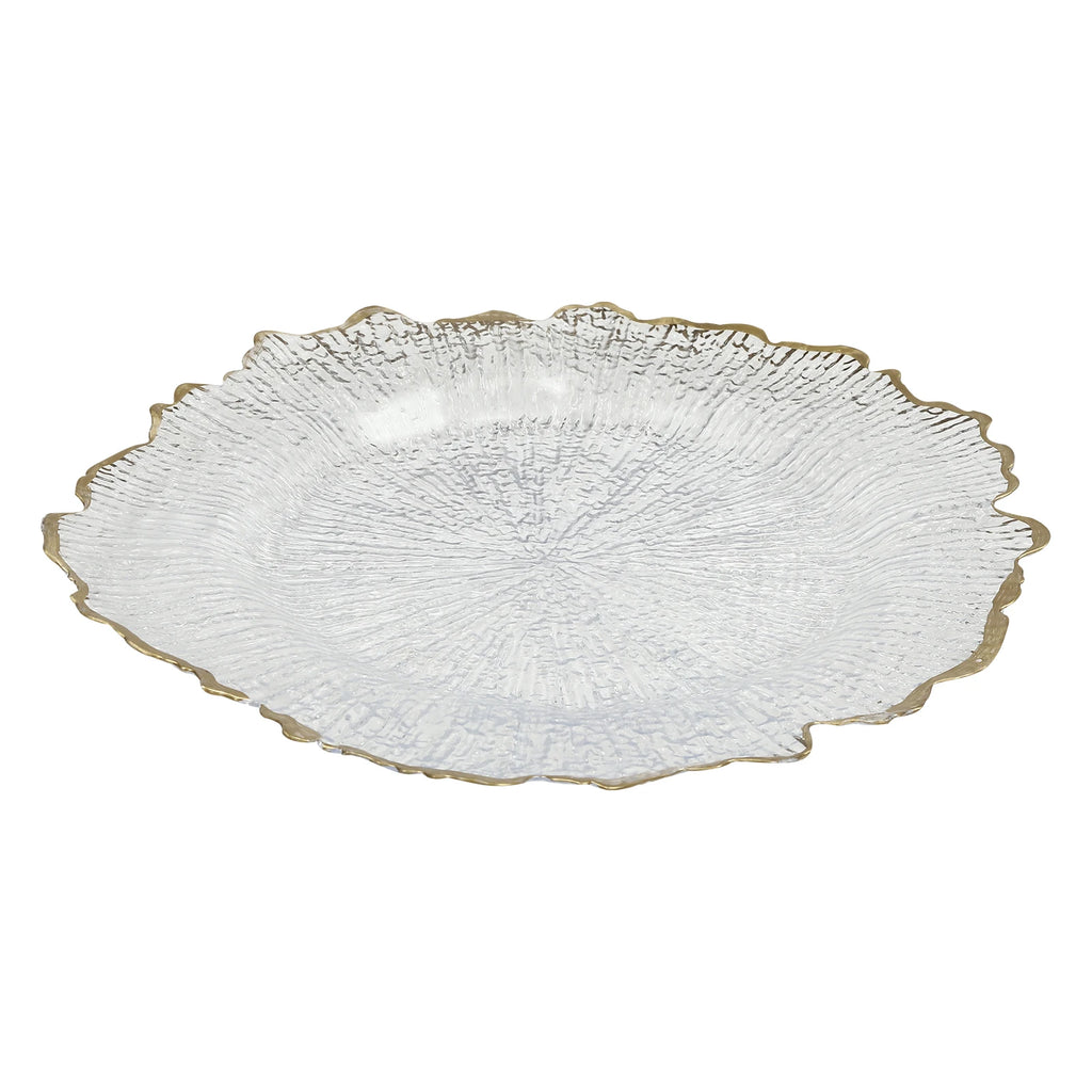 25 Pack 13 Inch Charger Plates, Clear Plastic Reef Rim Charger Plates With Gold Rim, Round Decorative Underplates for Wedding