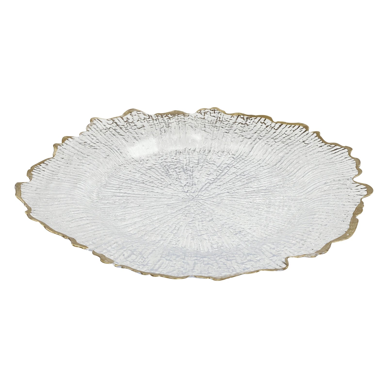 25 Pack 13 Inch Charger Plates, Clear Plastic Reef Rim Charger Plates With Gold Rim, Round Decorative Underplates for Wedding