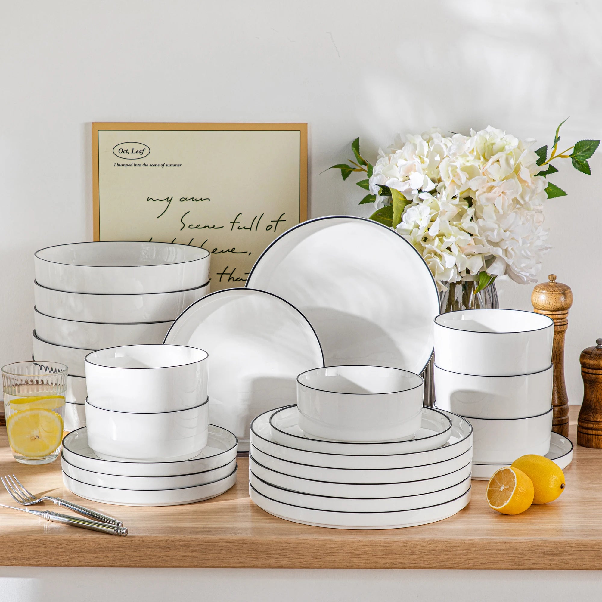 MALACASA 12/16/18/24 Piece Dinner Plates Sets Black Rim Half standing edge Dinnerwar with 4/6PCS Dinner Plate/Dessert/Soup/Bowl