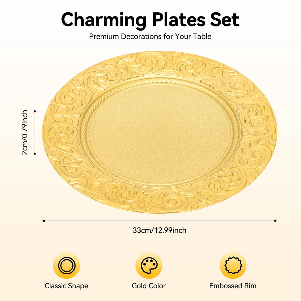 100-Piece Charger Plates Set, Gold Round Western Snack Platters with Patterns, Reusable Serving Plate for Birthday Parties, Holidays, Weddings