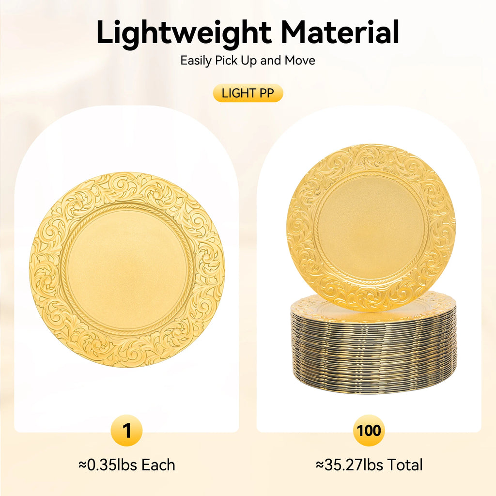 100-Piece Charger Plates Set, Gold Round Western Snack Platters with Patterns, Reusable Serving Plate for Birthday Parties, Holidays, Weddings