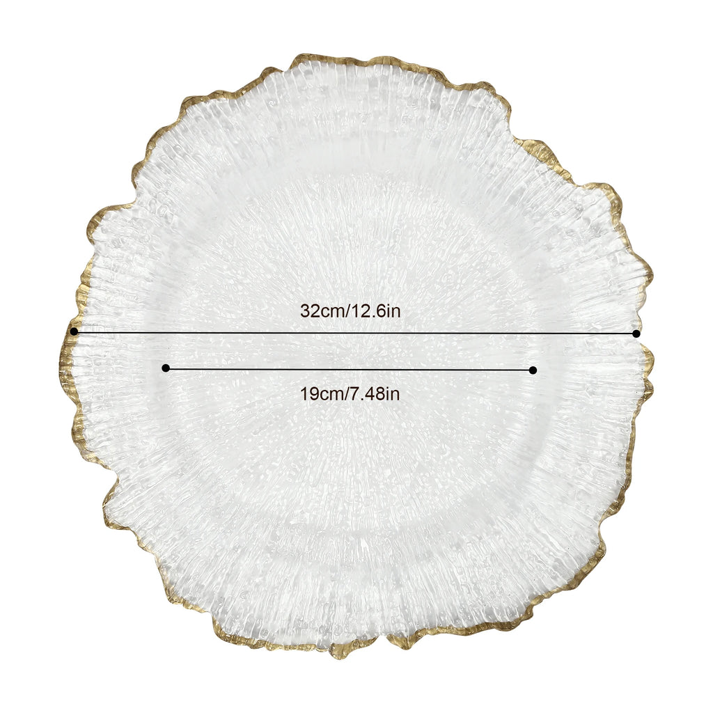 25 Pack 13 Inch Charger Plates, Clear Plastic Reef Rim Charger Plates With Gold Rim, Round Decorative Underplates for Wedding