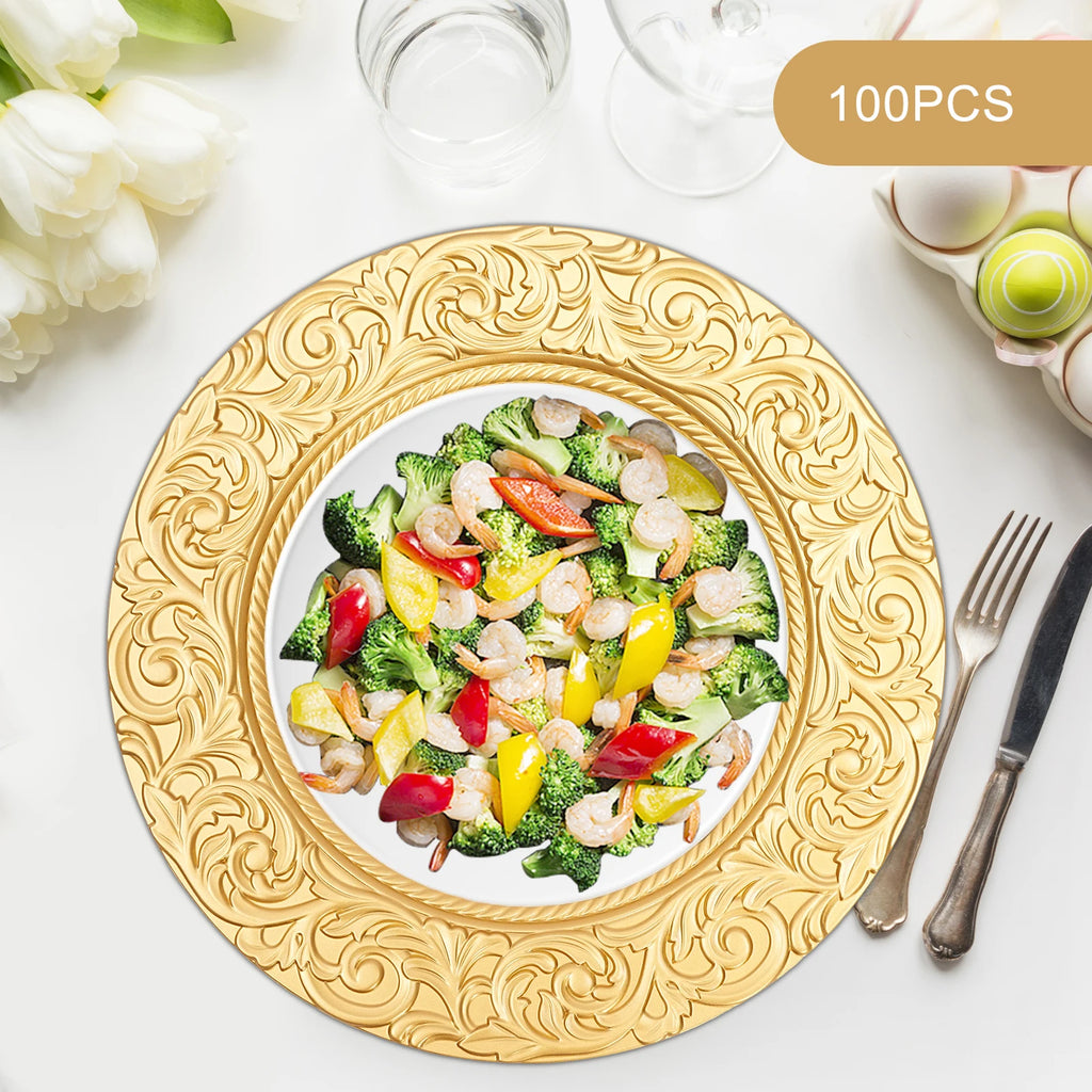 100-Piece Charger Plates Set, Gold Round Western Snack Platters with Patterns, Reusable Serving Plate for Birthday Parties, Holidays, Weddings