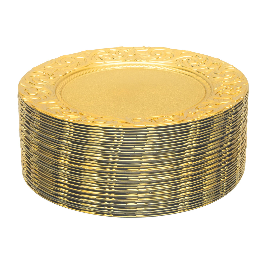 100-Piece Charger Plates Set, Gold Round Western Snack Platters with Patterns, Reusable Serving Plate for Birthday Parties, Holidays, Weddings