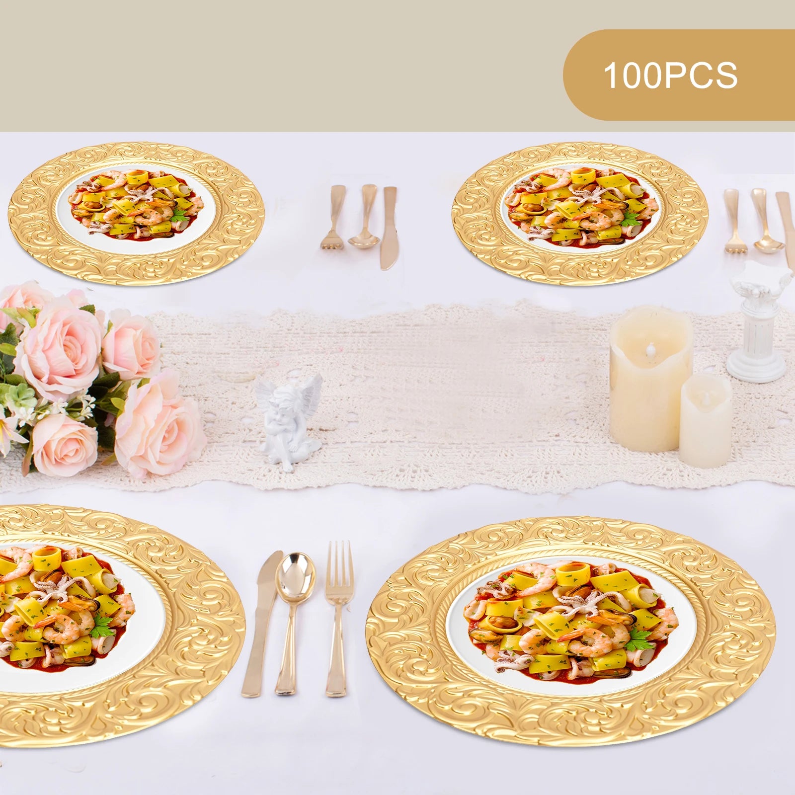 100-Piece Charger Plates Set, Gold Round Western Snack Platters with Patterns, Reusable Serving Plate for Birthday Parties, Holidays, Weddings