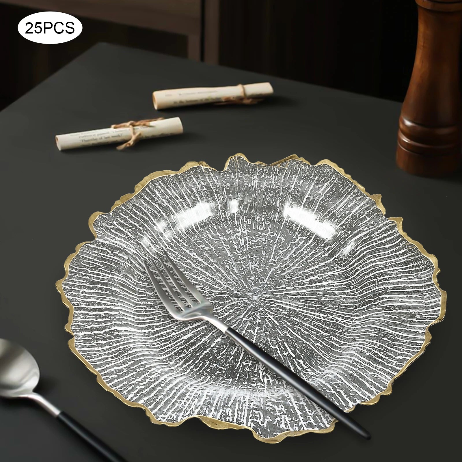 25 Pack 13 Inch Charger Plates, Clear Plastic Reef Rim Charger Plates With Gold Rim, Round Decorative Underplates for Wedding