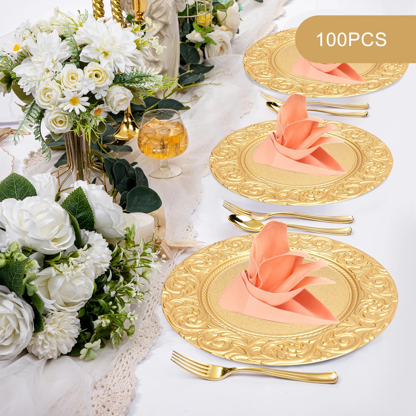 100-Piece Charger Plates Set, Gold Round Western Snack Platters with Patterns, Reusable Serving Plate for Birthday Parties, Holidays, Weddings