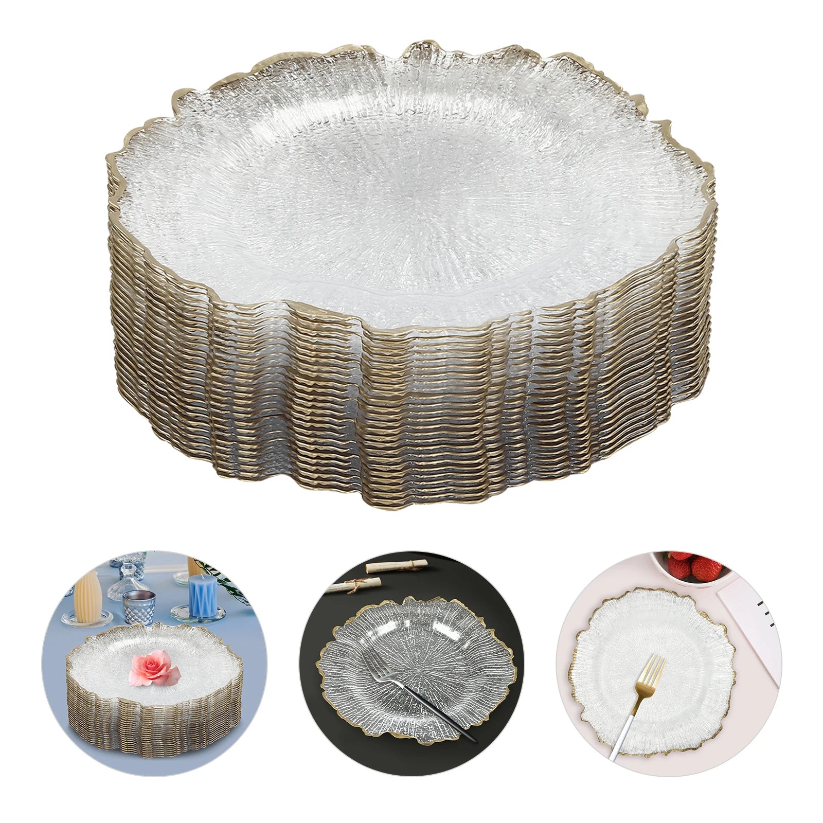 25 Pack 13 Inch Charger Plates, Clear Plastic Reef Rim Charger Plates With Gold Rim, Round Decorative Underplates for Wedding