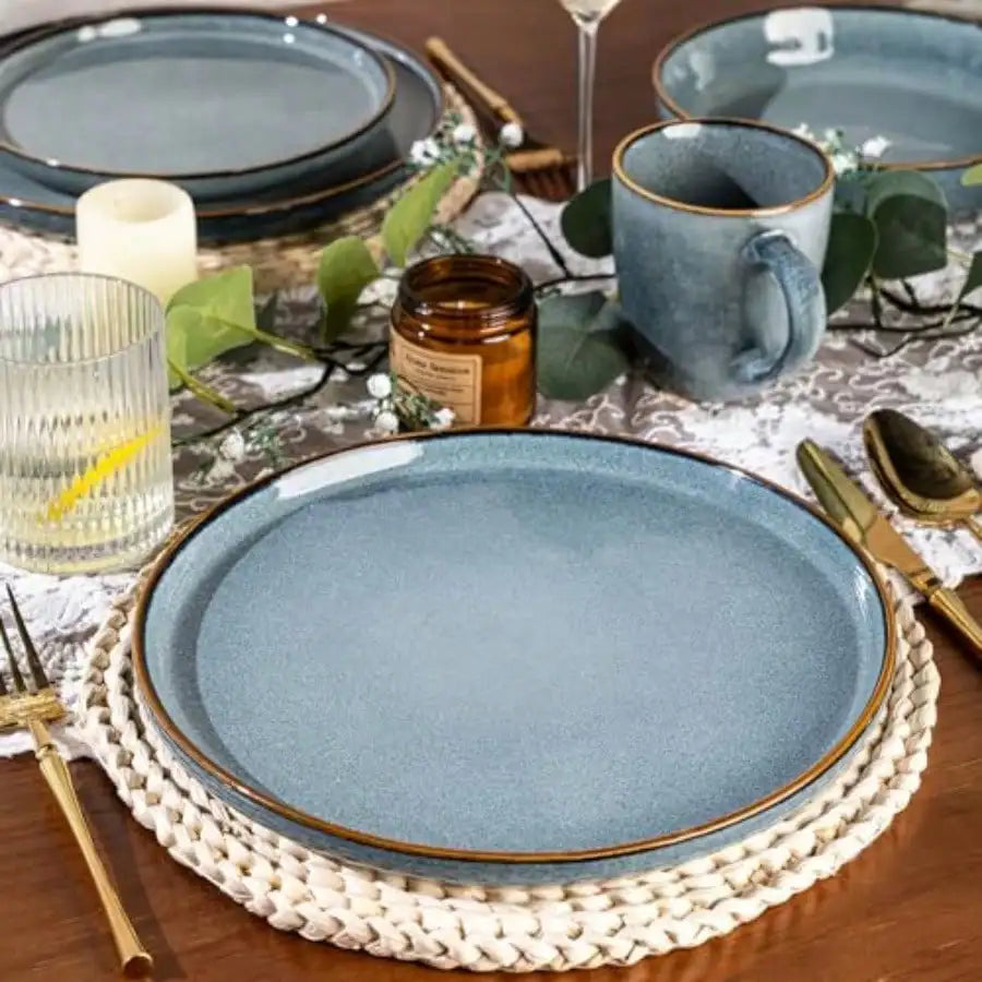 Vintage Reactive Glaze Ceramic Dinnerware Set, Blue Stoneware Plates And Bowls With Brown Rim, Microwave & Dishwasher Tableware, Rustic Porcelain Dish Set For Kitchen, Dining & Home Party