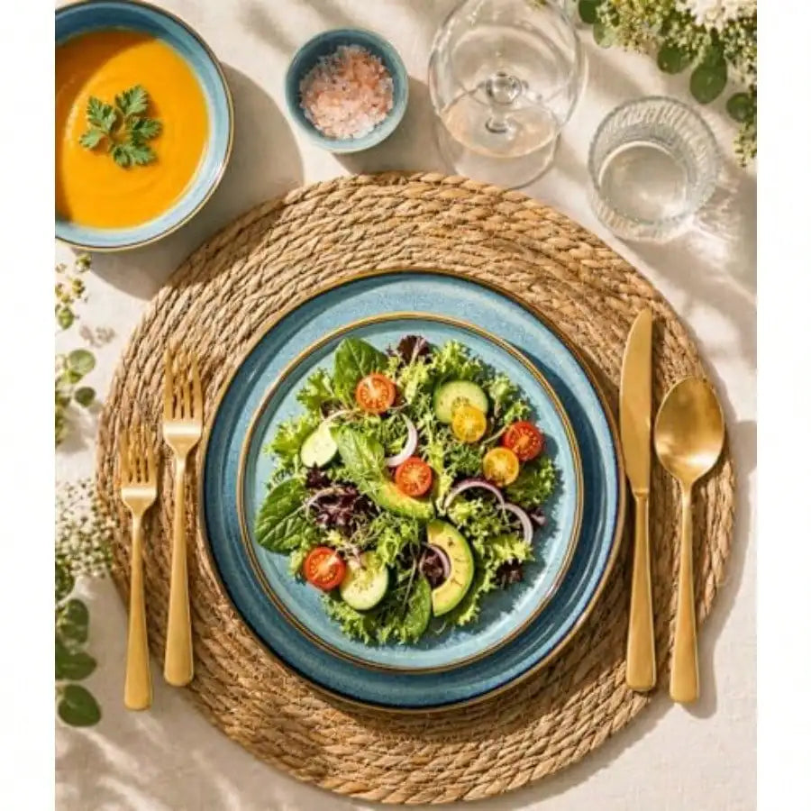 Vintage Reactive Glaze Ceramic Dinnerware Set, Blue Stoneware Plates And Bowls With Brown Rim, Microwave & Dishwasher Tableware, Rustic Porcelain Dish Set For Kitchen, Dining & Home Party
