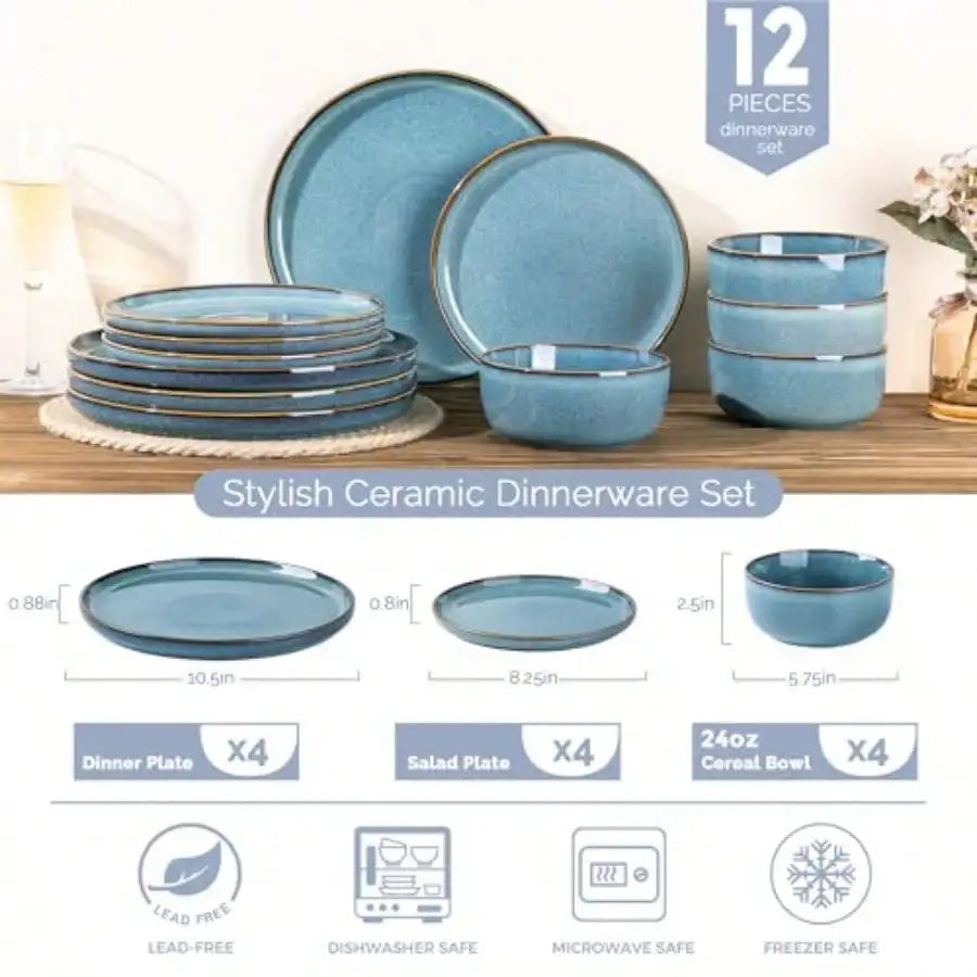 Vintage Reactive Glaze Ceramic Dinnerware Set, Blue Stoneware Plates And Bowls With Brown Rim, Microwave & Dishwasher Tableware, Rustic Porcelain Dish Set For Kitchen, Dining & Home Party