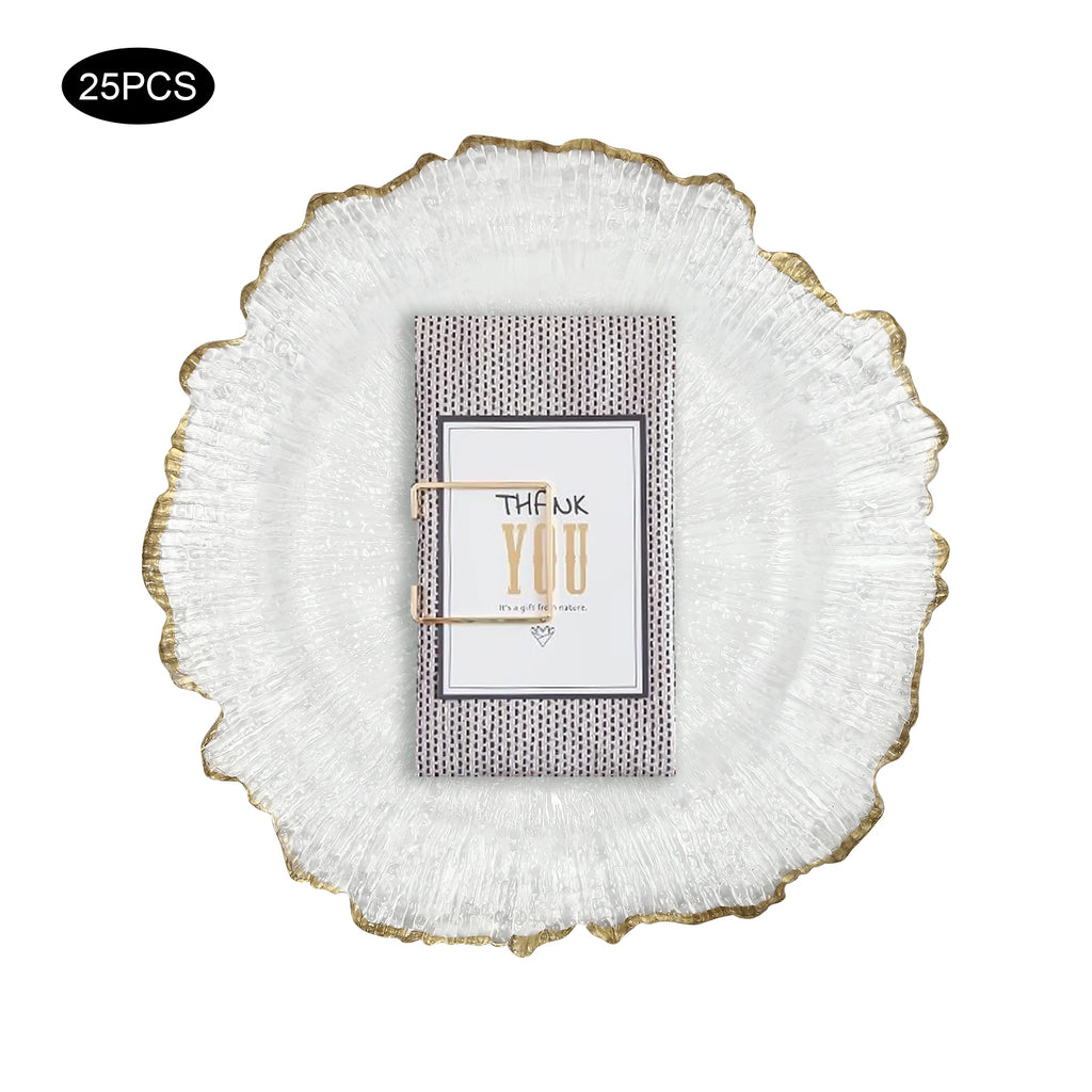 25 Pack 13 Inch Charger Plates, Clear Plastic Reef Rim Charger Plates With Gold Rim, Round Decorative Underplates for Wedding