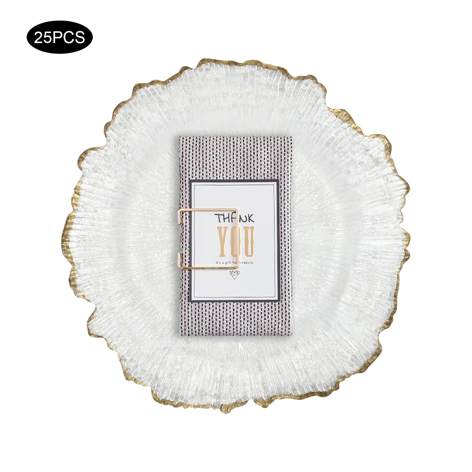 25 Pack 13 Inch Charger Plates, Clear Plastic Reef Rim Charger Plates With Gold Rim, Round Decorative Underplates for Wedding