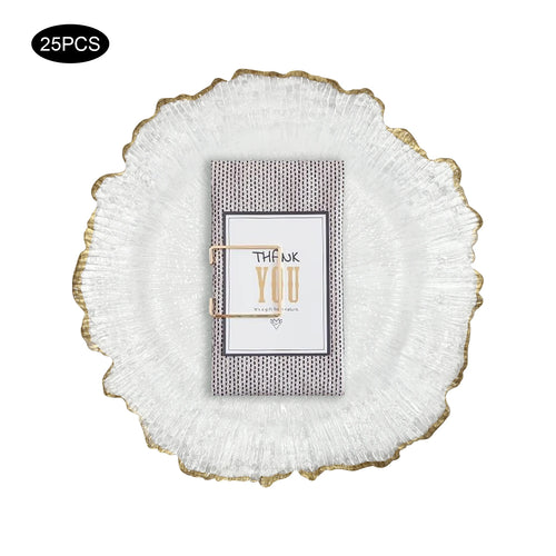 25 Pack 13 Inch Charger Plates, Clear Plastic Reef Rim Charger Plates With Gold Rim, Round Decorative Underplates for Wedding