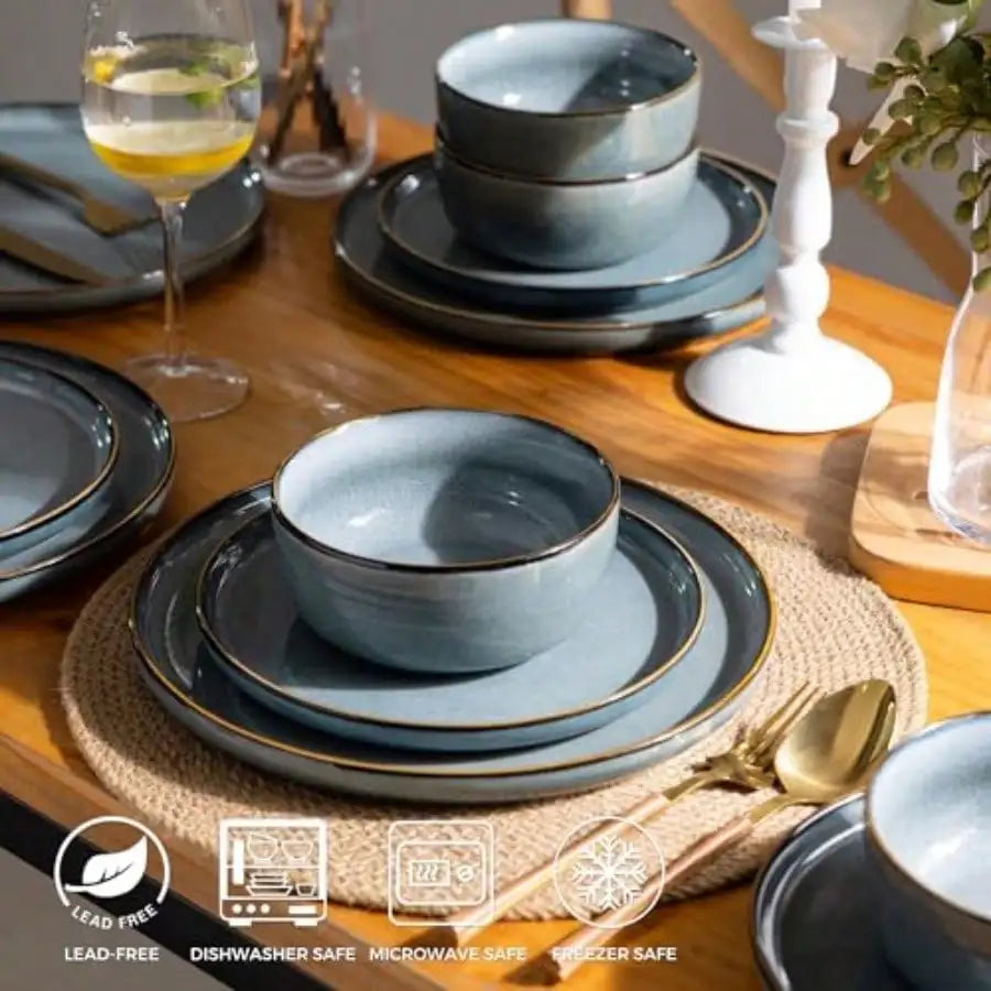 Vintage Reactive Glaze Ceramic Dinnerware Set, Blue Stoneware Plates And Bowls With Brown Rim, Microwave & Dishwasher Tableware, Rustic Porcelain Dish Set For Kitchen, Dining & Home Party