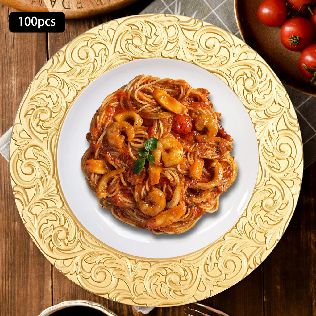 100-Piece Charger Plates Set, Gold Round Western Snack Platters with Patterns, Reusable Serving Plate for Birthday Parties, Holidays, Weddings