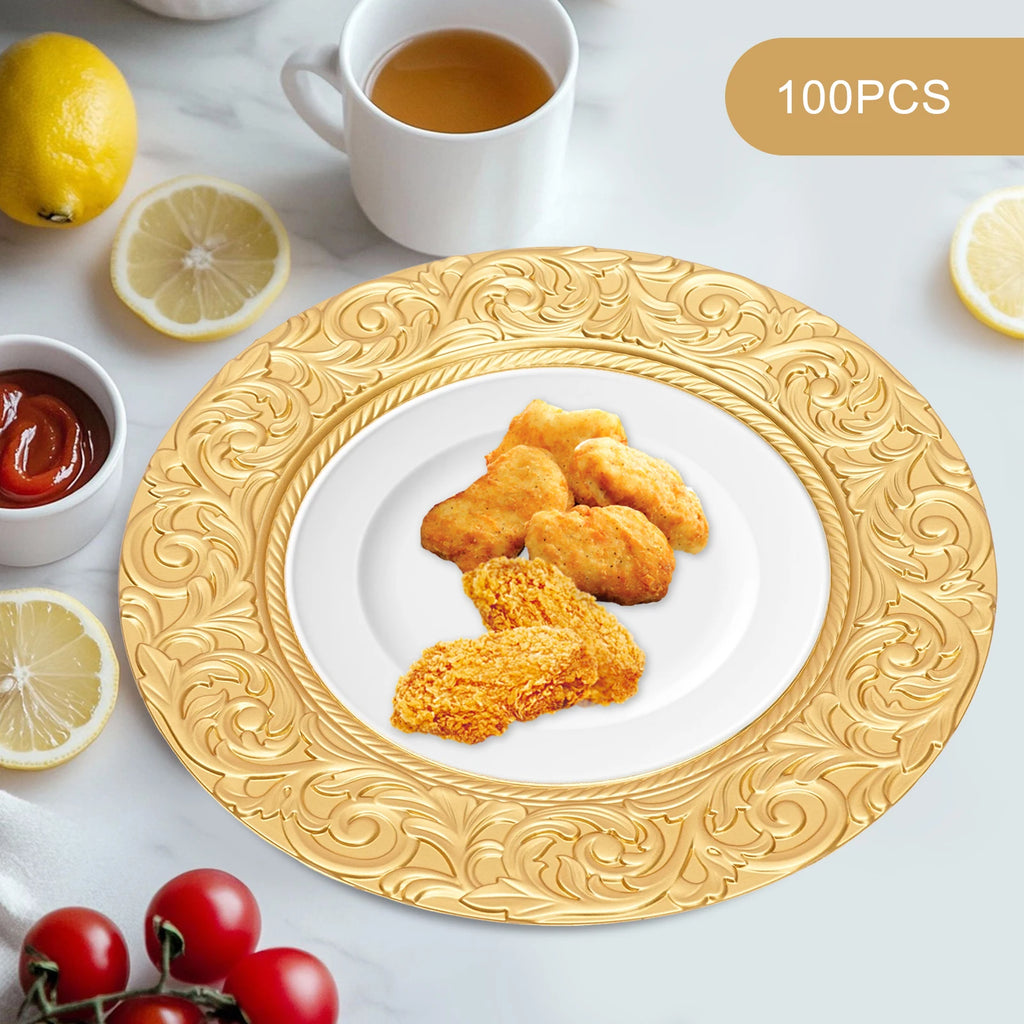 100-Piece Charger Plates Set, Gold Round Western Snack Platters with Patterns, Reusable Serving Plate for Birthday Parties, Holidays, Weddings