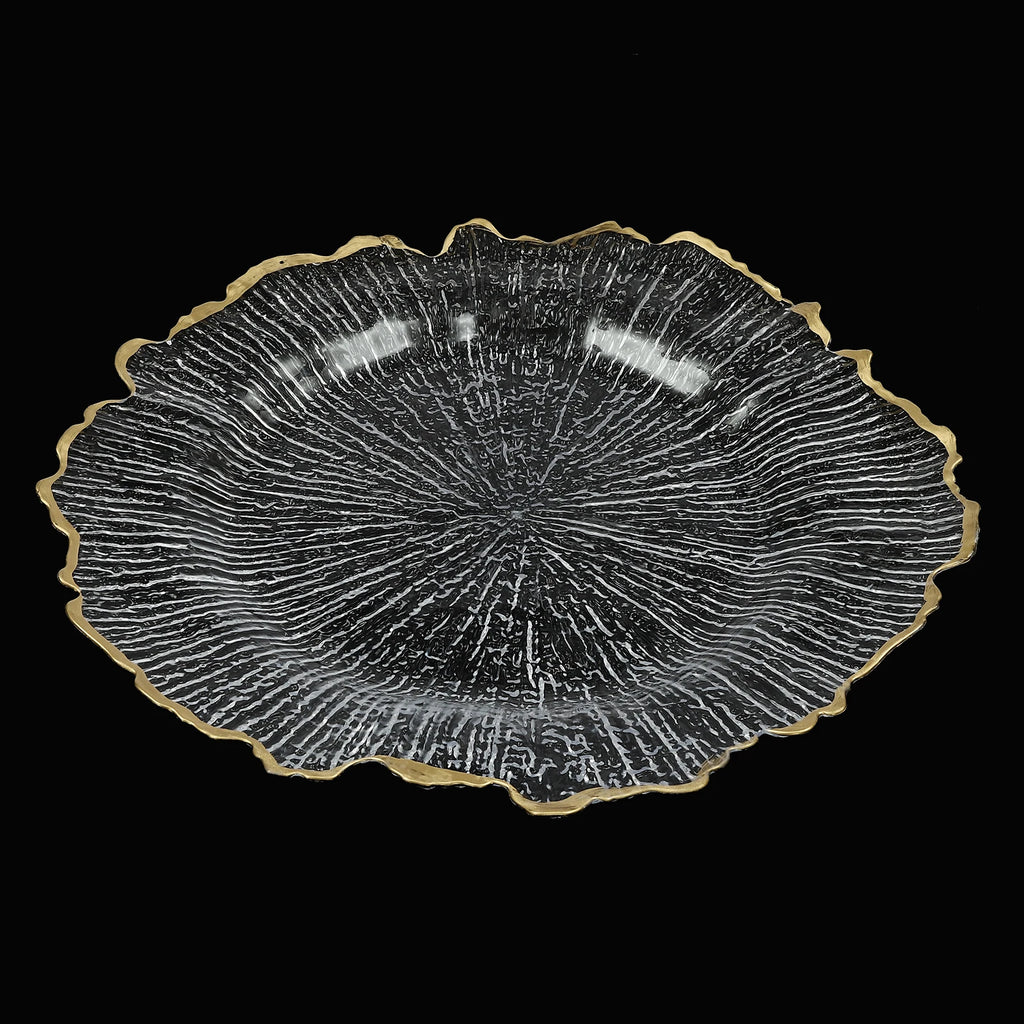 25 Pack 13 Inch Charger Plates, Clear Plastic Reef Rim Charger Plates With Gold Rim, Round Decorative Underplates for Wedding