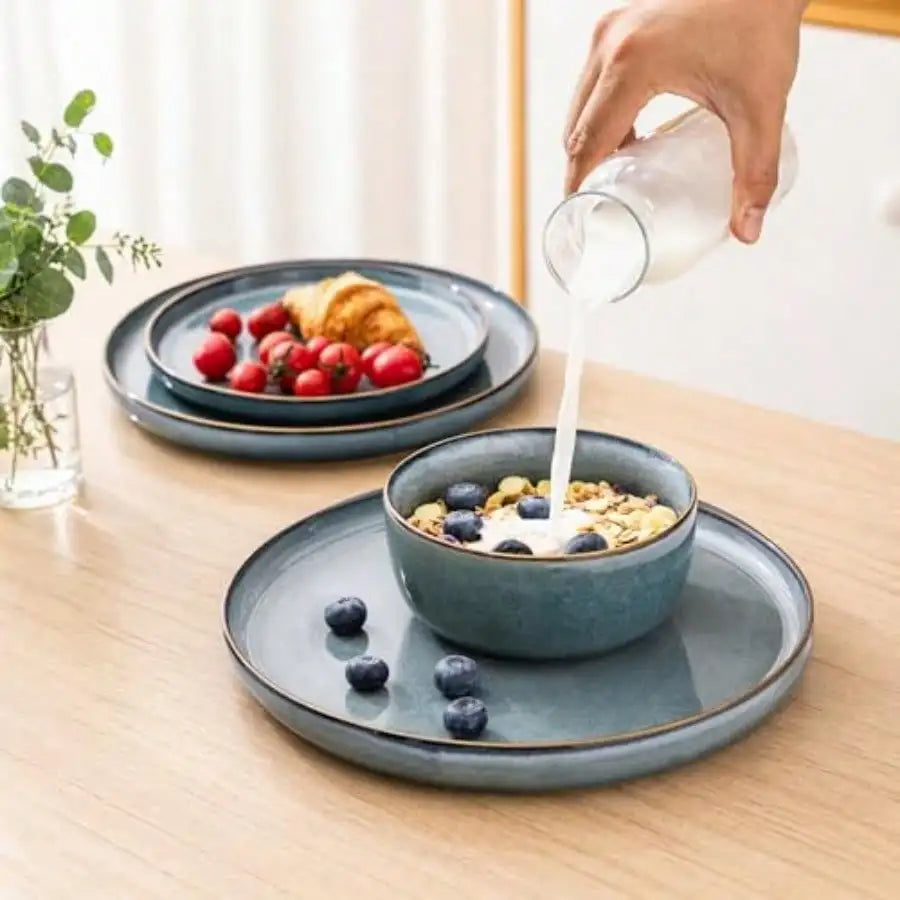 Vintage Reactive Glaze Ceramic Dinnerware Set, Blue Stoneware Plates And Bowls With Brown Rim, Microwave & Dishwasher Tableware, Rustic Porcelain Dish Set For Kitchen, Dining & Home Party