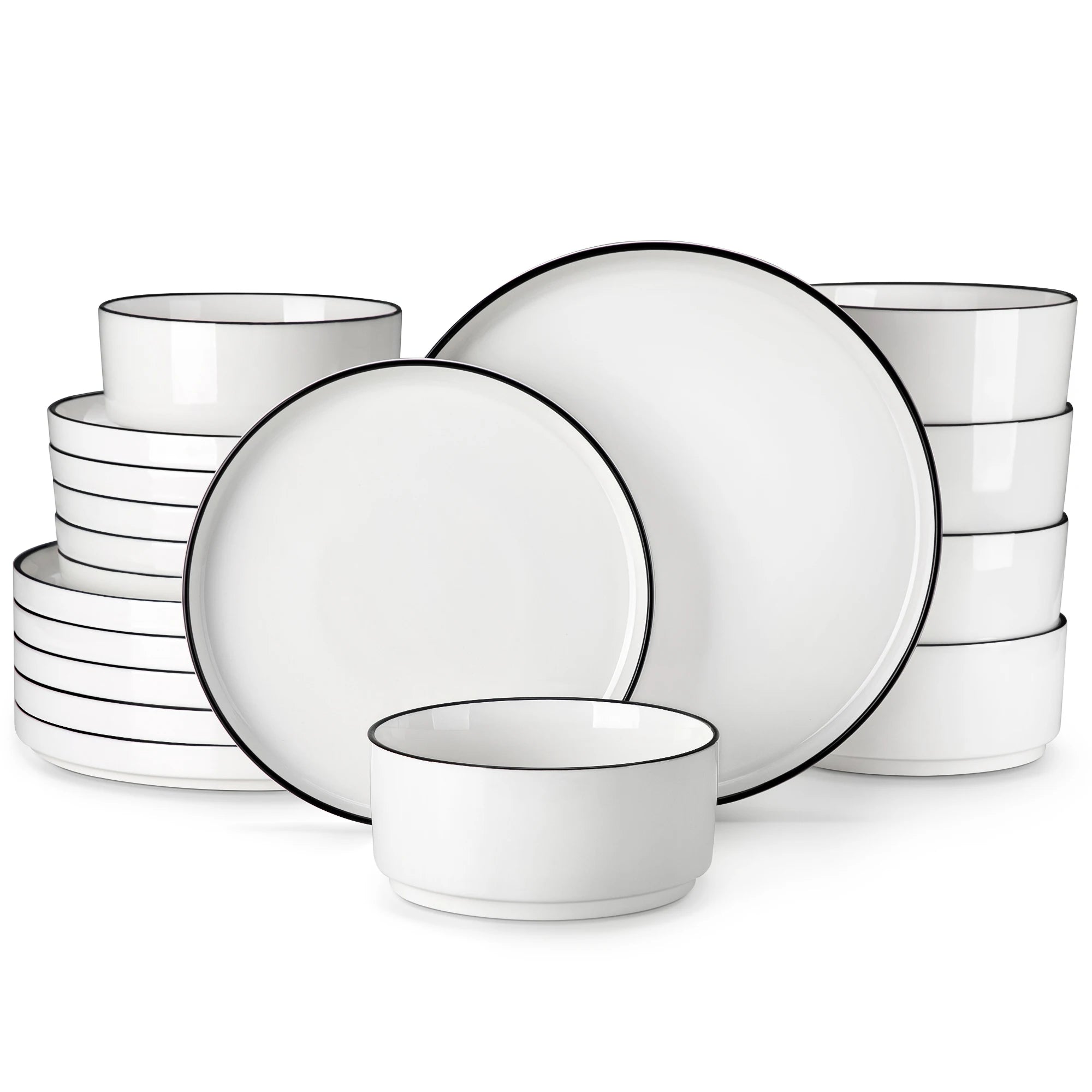 MALACASA 12/16/18/24 Piece Dinner Plates Sets Black Rim Half standing edge Dinnerwar with 4/6PCS Dinner Plate/Dessert/Soup/Bowl