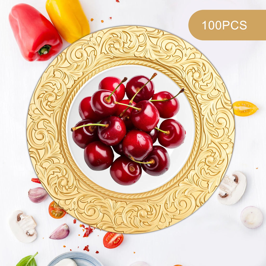 100-Piece Charger Plates Set, Gold Round Western Snack Platters with Patterns, Reusable Serving Plate for Birthday Parties, Holidays, Weddings