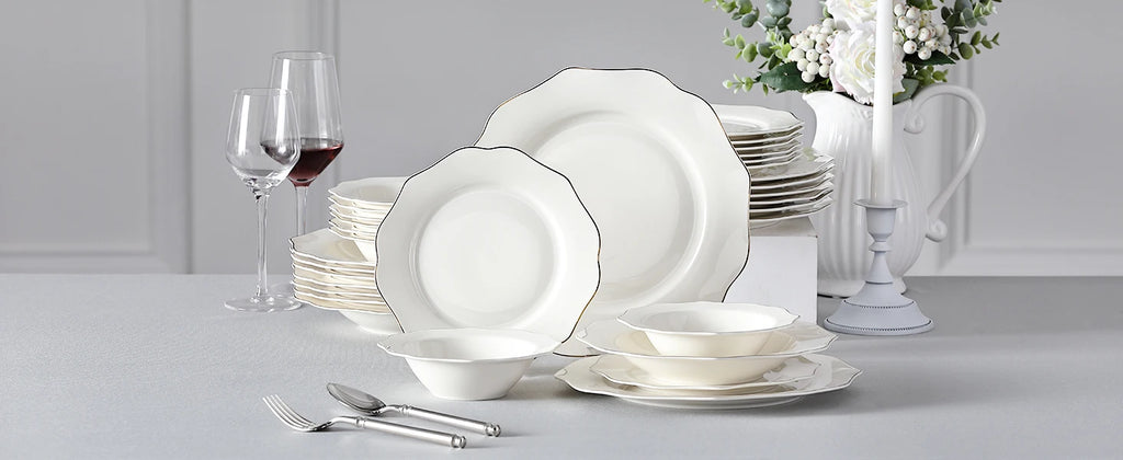 MALACASA 16/32-PIECE Nordic European Golden Rim White Porcelain Tableware Set with Bowl,Dinner&Dessert&Soup Plate Set for 4/8