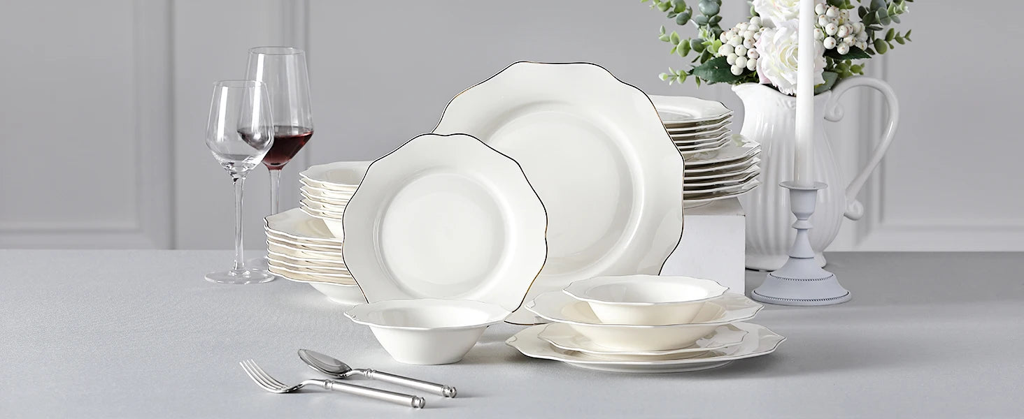 MALACASA 16/32-PIECE Nordic European Golden Rim White Porcelain Tableware Set with Bowl,Dinner&Dessert&Soup Plate Set for 4/8
