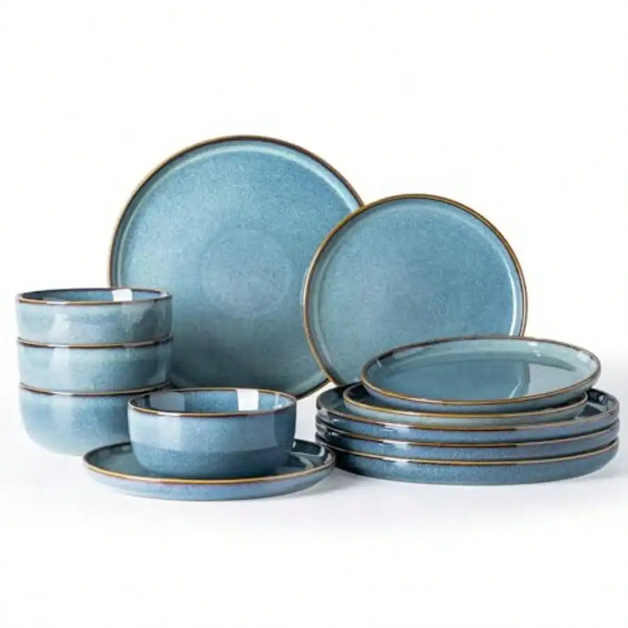 Vintage Reactive Glaze Ceramic Dinnerware Set, Blue Stoneware Plates And Bowls With Brown Rim, Microwave & Dishwasher Tableware, Rustic Porcelain Dish Set For Kitchen, Dining & Home Party