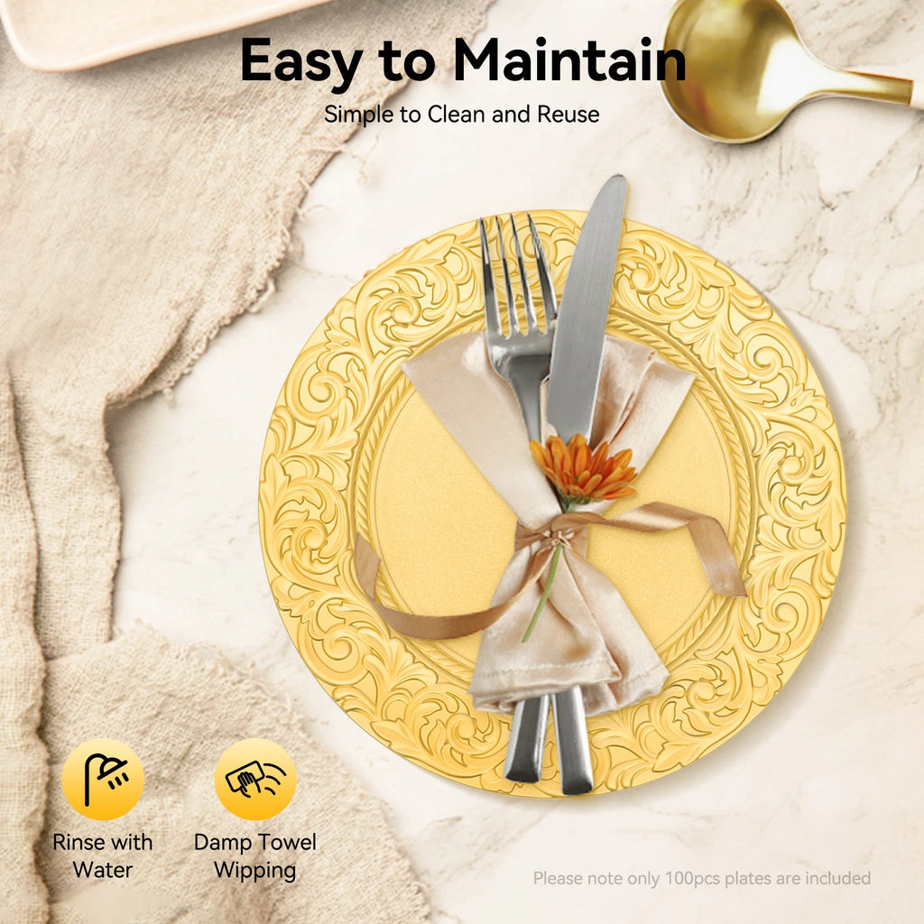 100-Piece Charger Plates Set, Gold Round Western Snack Platters with Patterns, Reusable Serving Plate for Birthday Parties, Holidays, Weddings