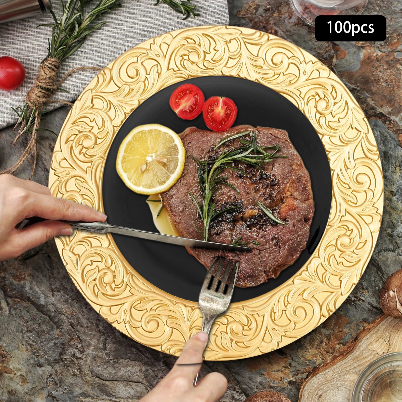 100-Piece Charger Plates Set, Gold Round Western Snack Platters with Patterns, Reusable Serving Plate for Birthday Parties, Holidays, Weddings