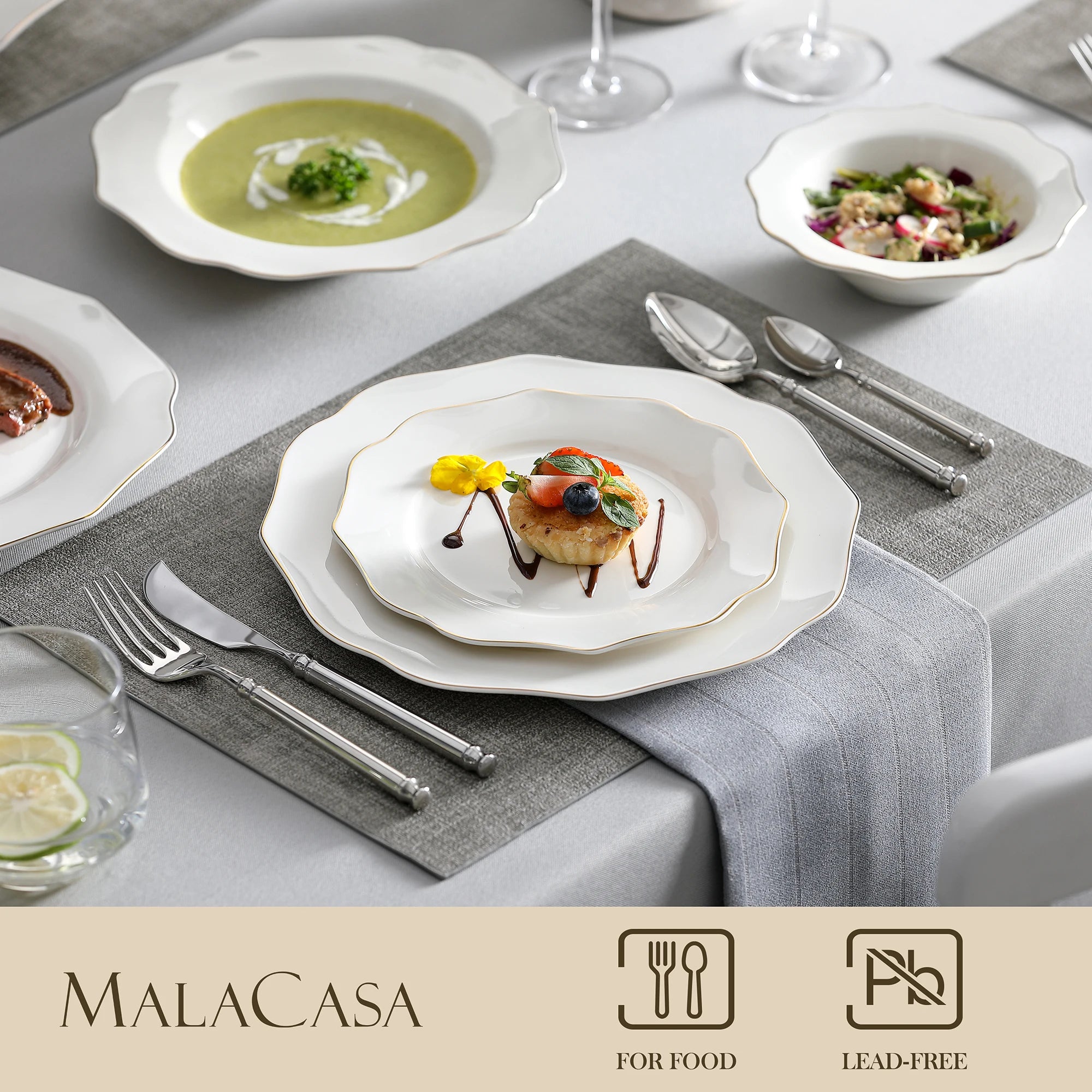 MALACASA 16/32-PIECE Nordic European Golden Rim White Porcelain Tableware Set with Bowl,Dinner&Dessert&Soup Plate Set for 4/8