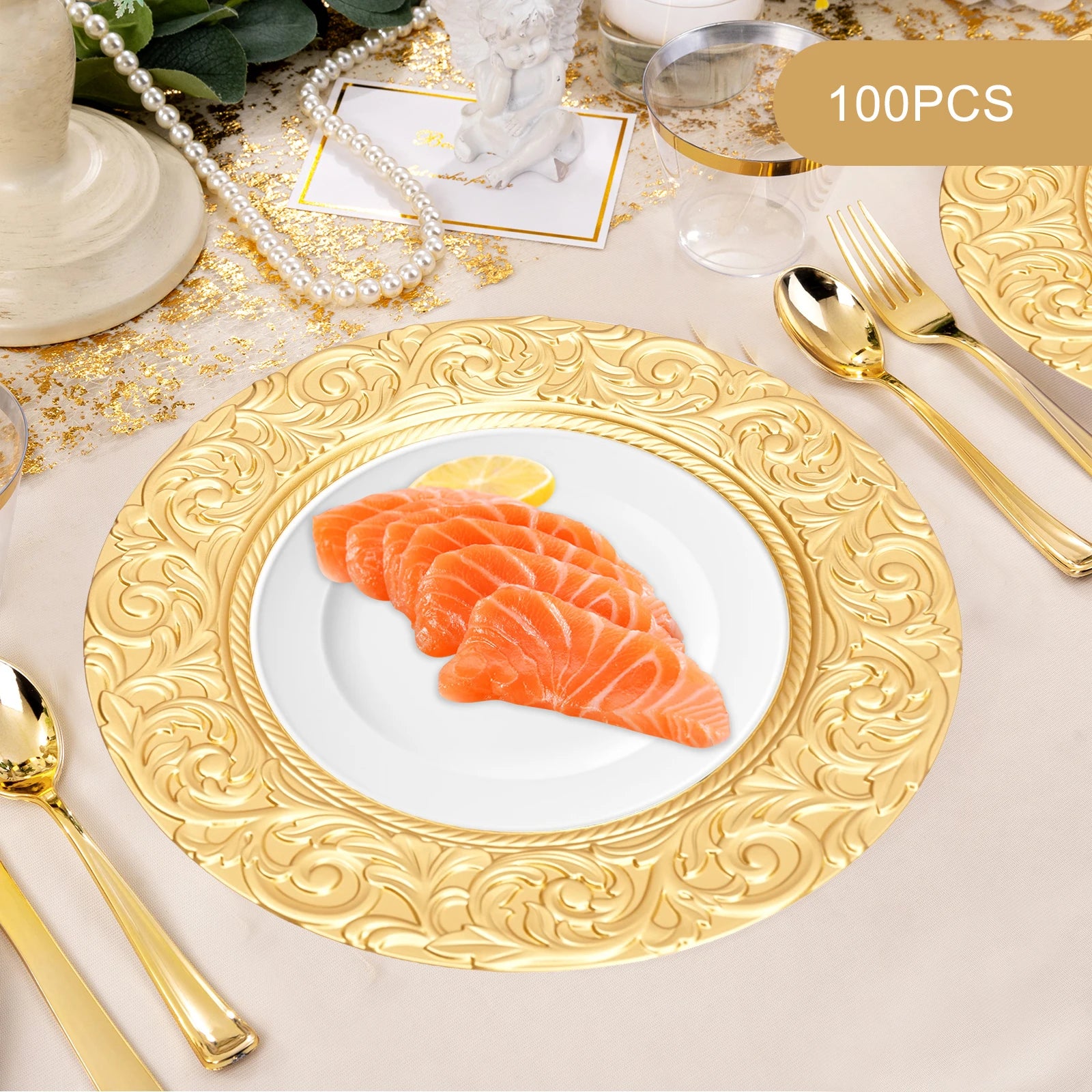 100-Piece Charger Plates Set, Gold Round Western Snack Platters with Patterns, Reusable Serving Plate for Birthday Parties, Holidays, Weddings