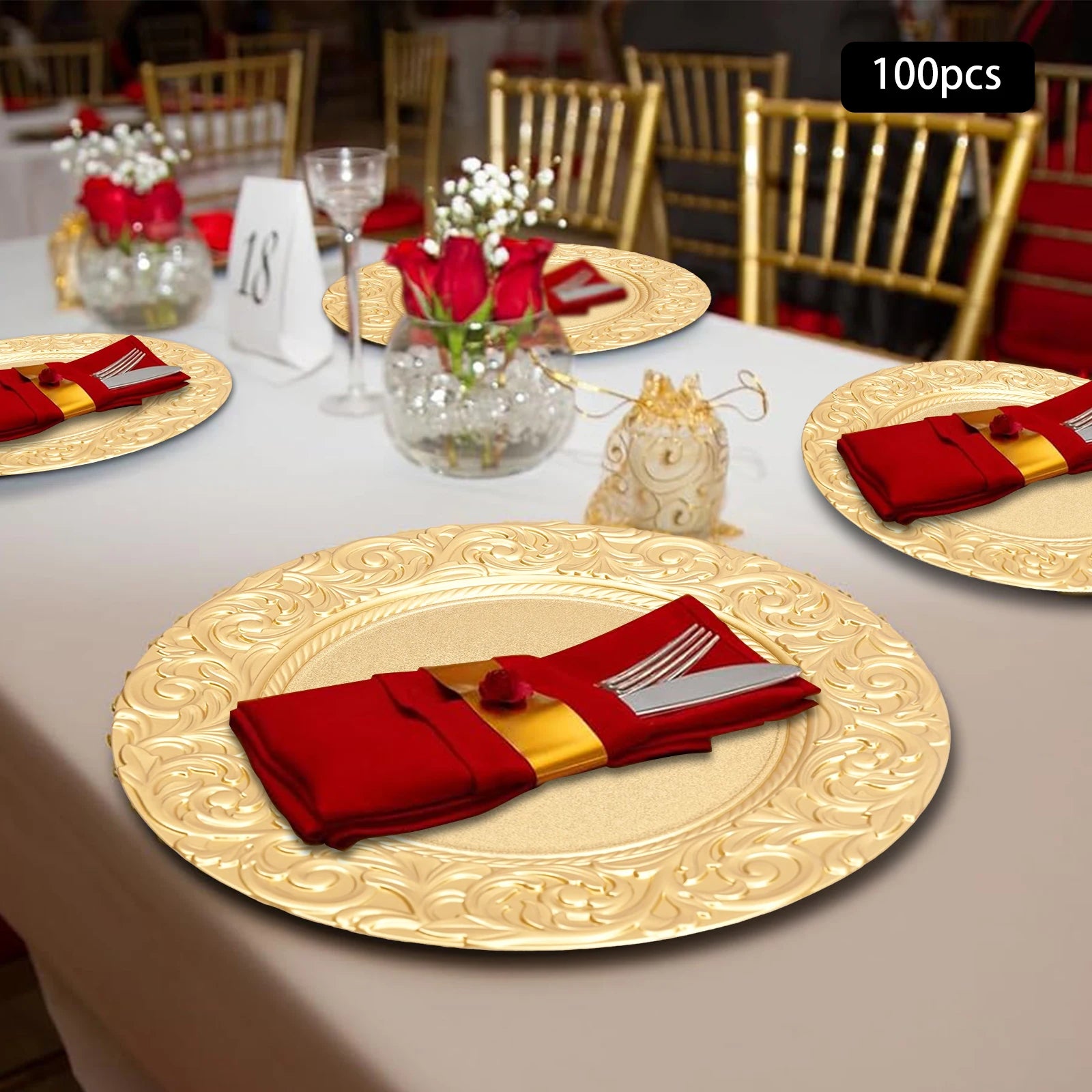100-Piece Charger Plates Set, Gold Round Western Snack Platters with Patterns, Reusable Serving Plate for Birthday Parties, Holidays, Weddings