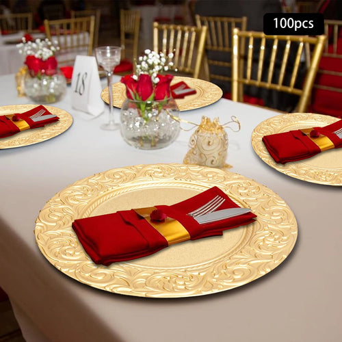 100-Piece Charger Plates Set, Gold Round Western Snack Platters with Patterns, Reusable Serving Plate for Birthday Parties, Holidays, Weddings