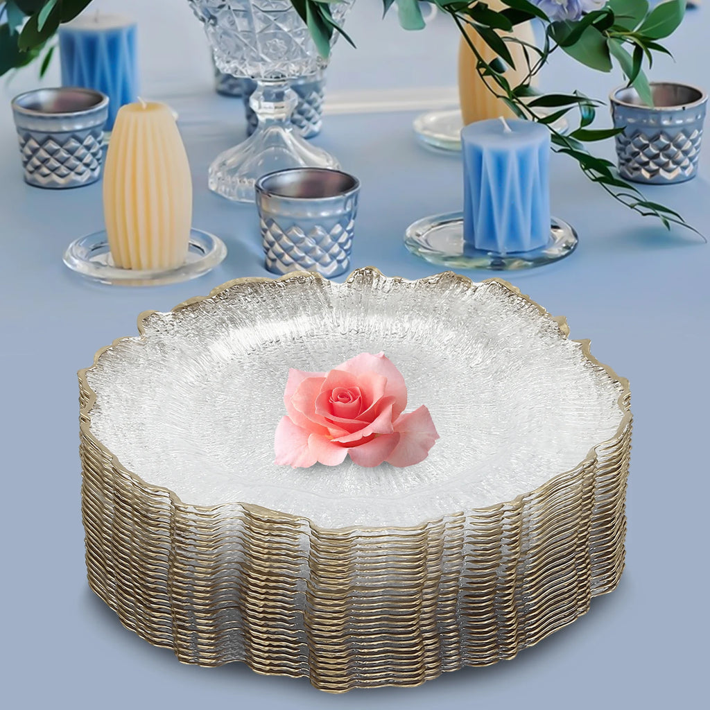 25 Pack 13 Inch Charger Plates, Clear Plastic Reef Rim Charger Plates With Gold Rim, Round Decorative Underplates for Wedding